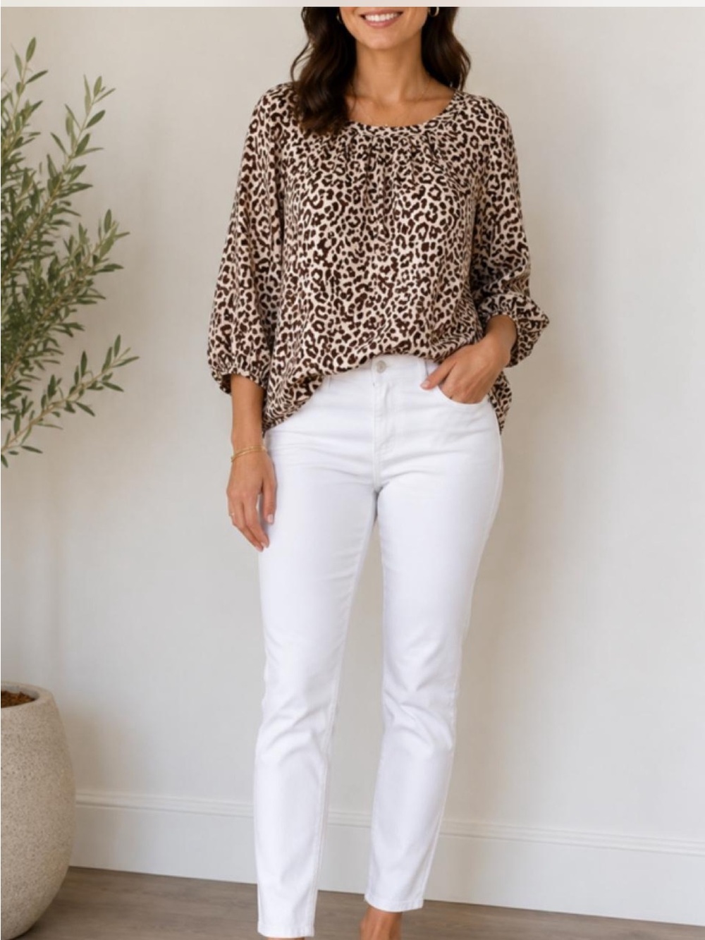 J. Crew 100% Linen Leopard Print Blouse in Cream and Brown